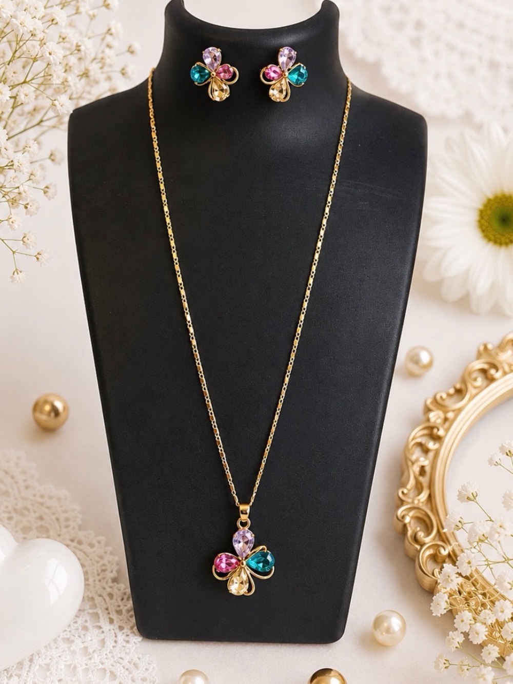 Multicolor Rhinestone Flower Pendant Necklace & Earring Set - Gold Tone